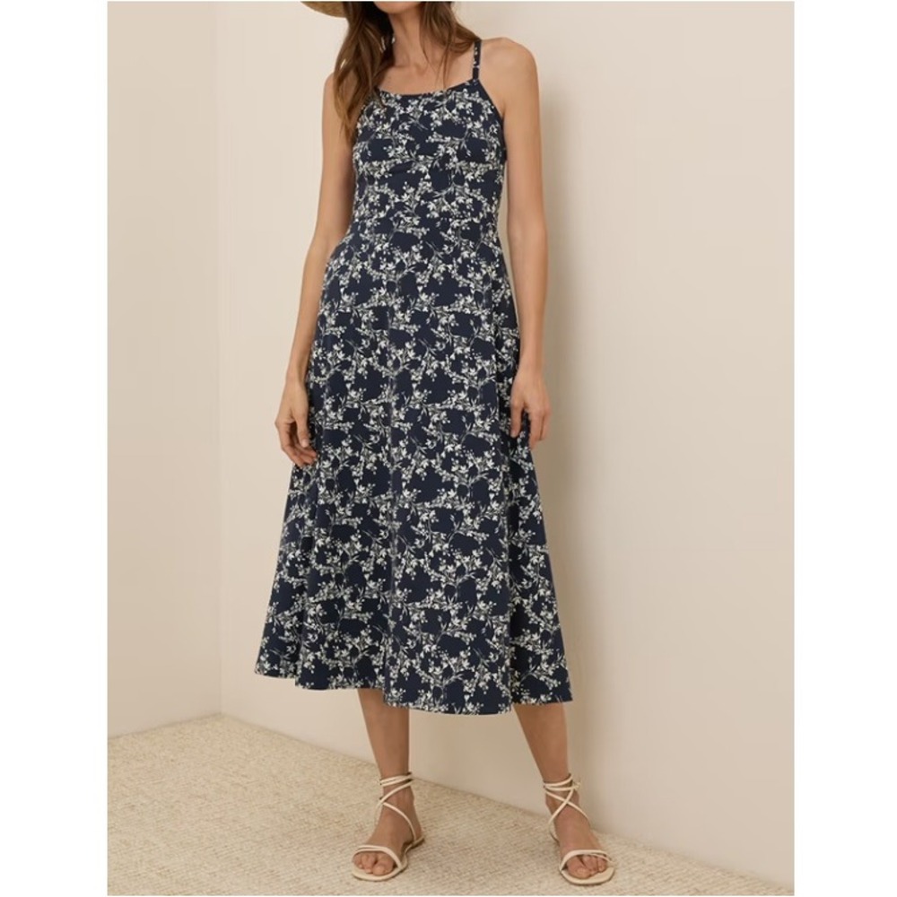 Pact Bouquet Blooms Midnight Blue Organic Fit & Flare Midi Dress Size M NWT - Picture 2 of 12